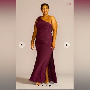 Wine burgundy color celebrate DB studio David’s bridal ruched 1 shoulder dress